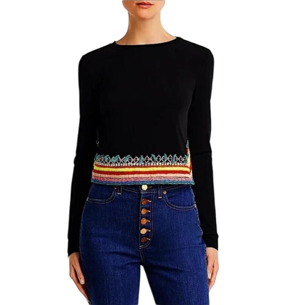 Alice + Olivia Delaina Embroidered Long-Sleeve Crop Top